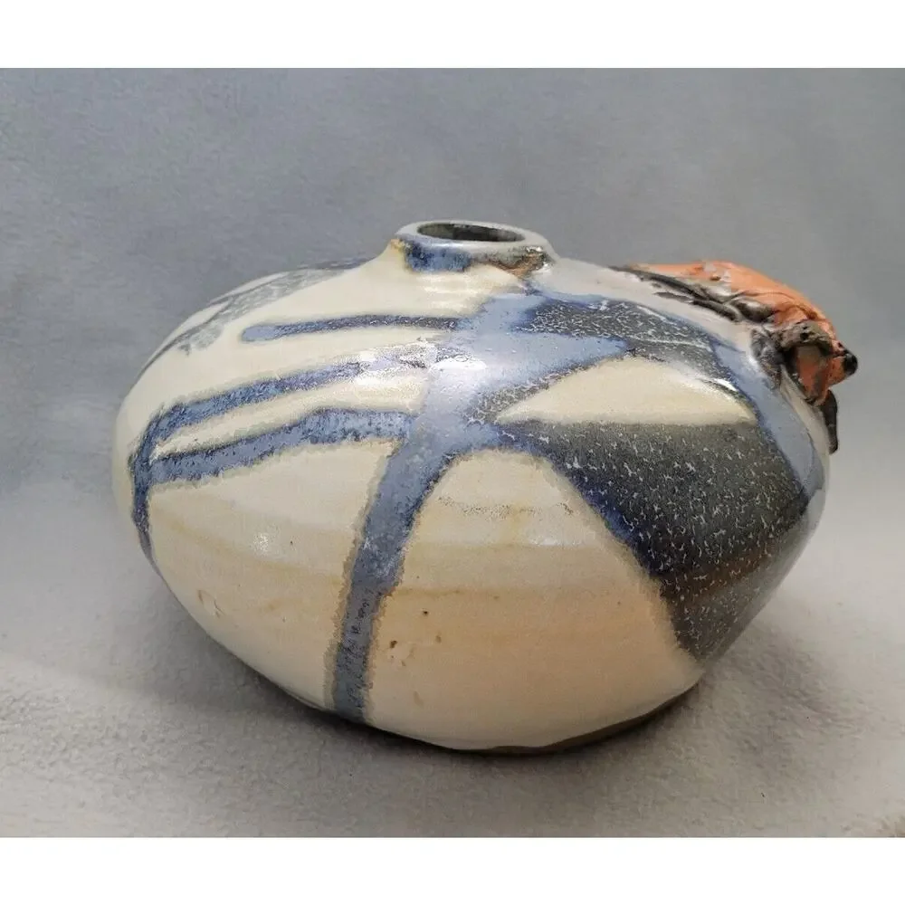 Vintage Studio Art Pottery Fly Bug Large Round Orb Vase Glaze Blue